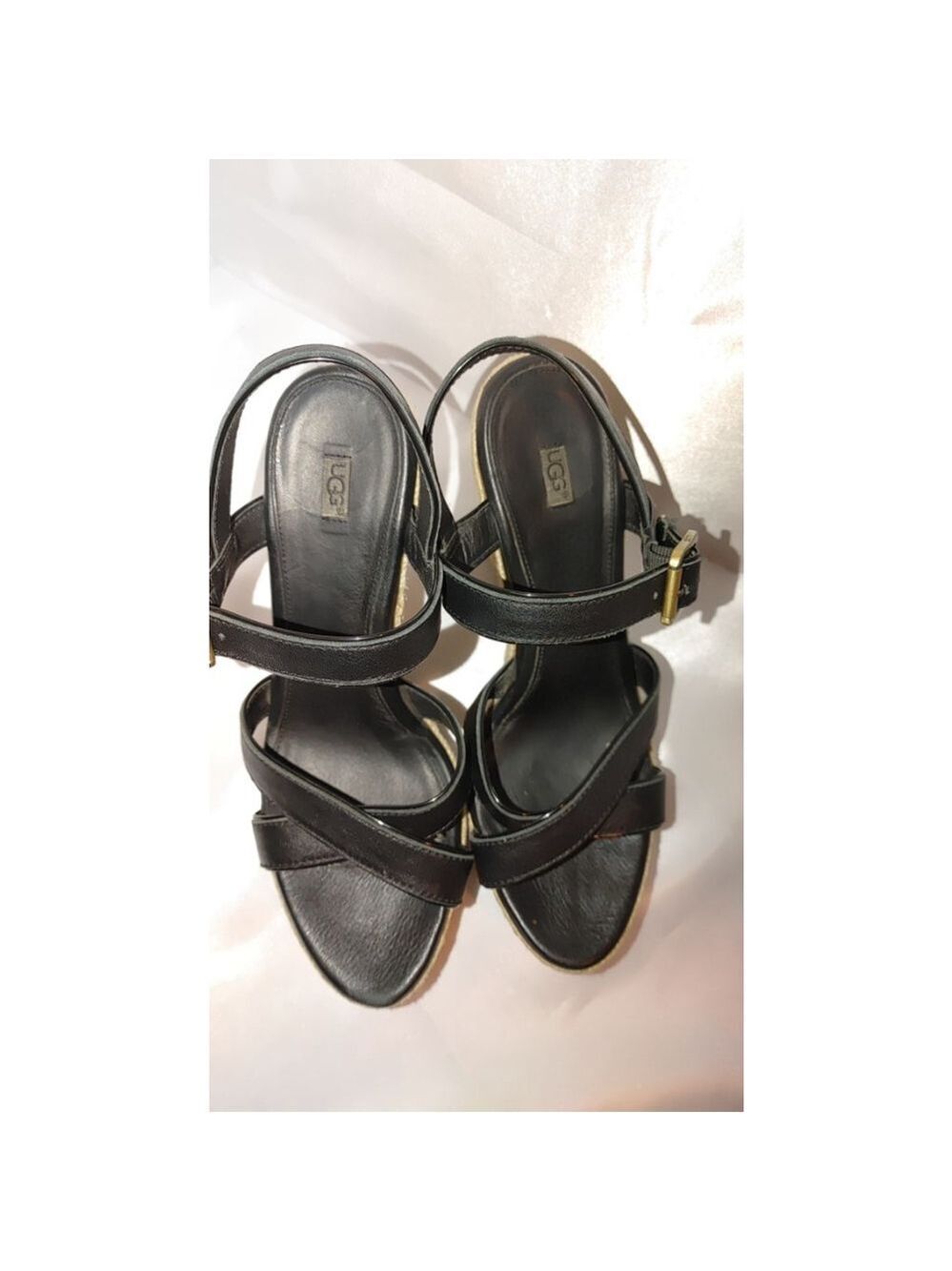 UGG Jackilyn Black Leather Espadrille Wedge Sandals Size 9.5 - Picture 5 of 8